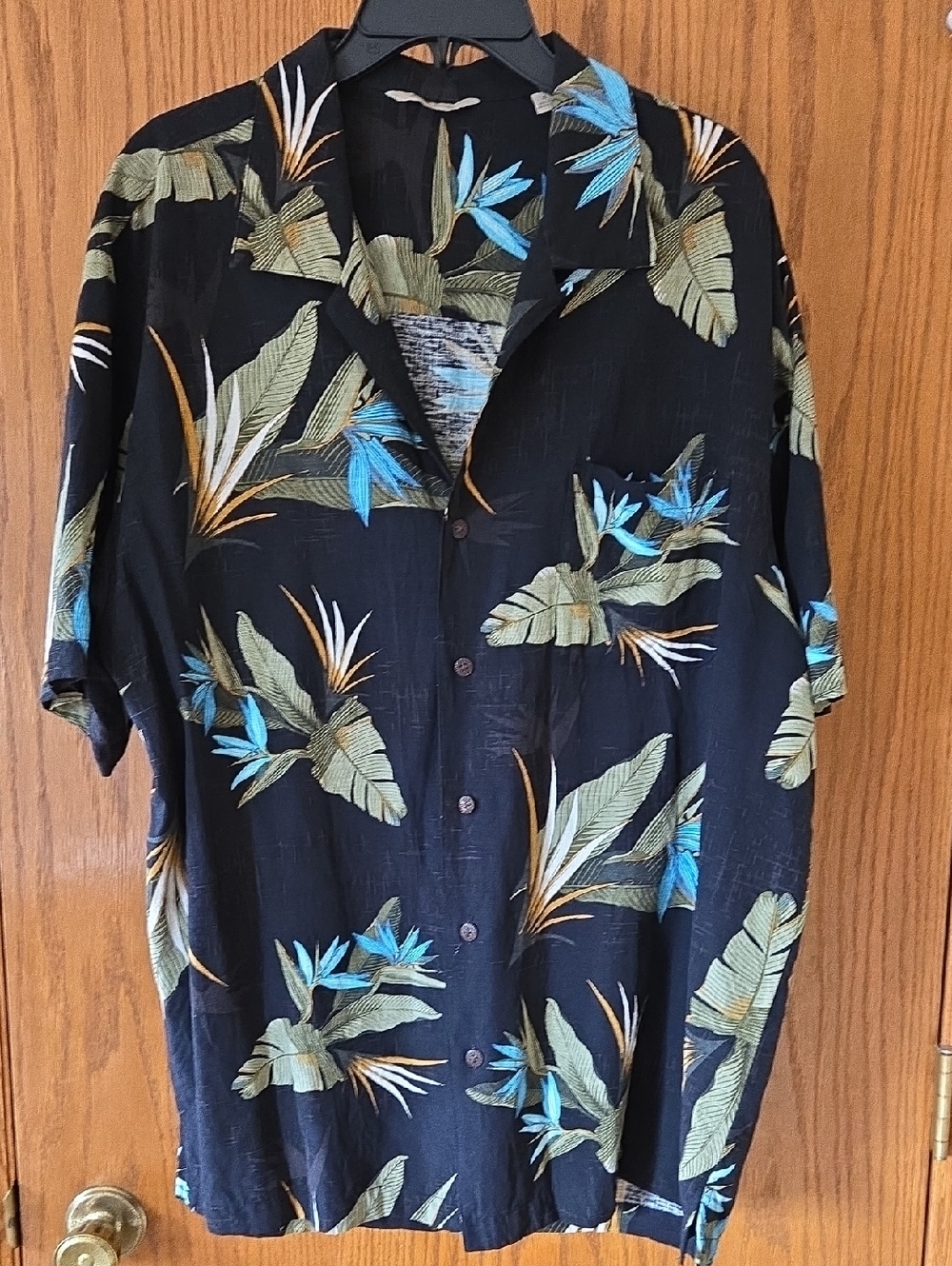 Black Tropical Print Short-Sleeve Button Shirt - Blue & Olive Leaves